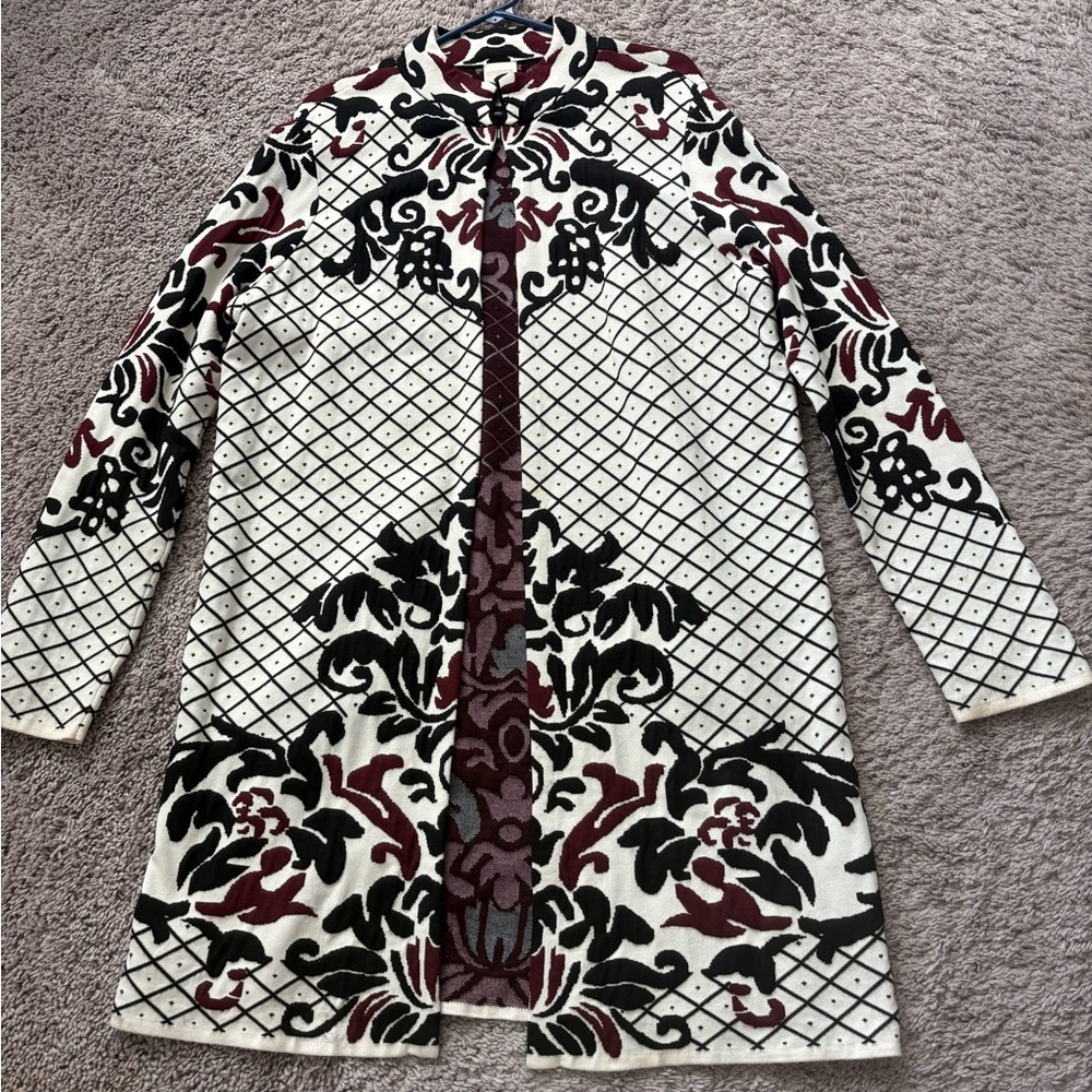 Chico's Black and Cream Patterned Trench Coat